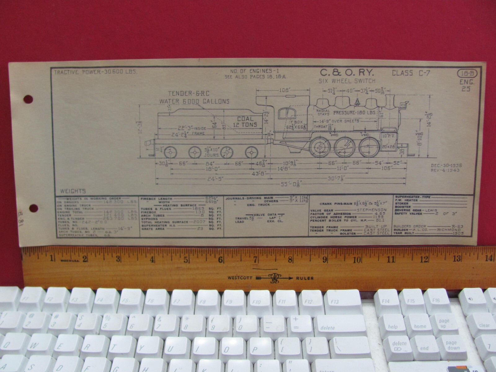 CHESAPEAKE & OHIO RAILROAD ORIG PRINTED DIAGRAM CLASS C-7 0-6-0 LOCOMOTIVE #32