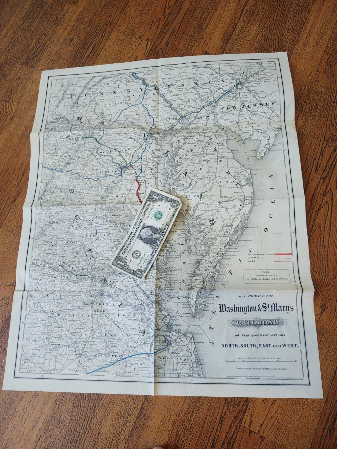 RARE Antique ORIGINAL Washington & St. Mary’s Railroad map 1887 G.W & C.B Colton