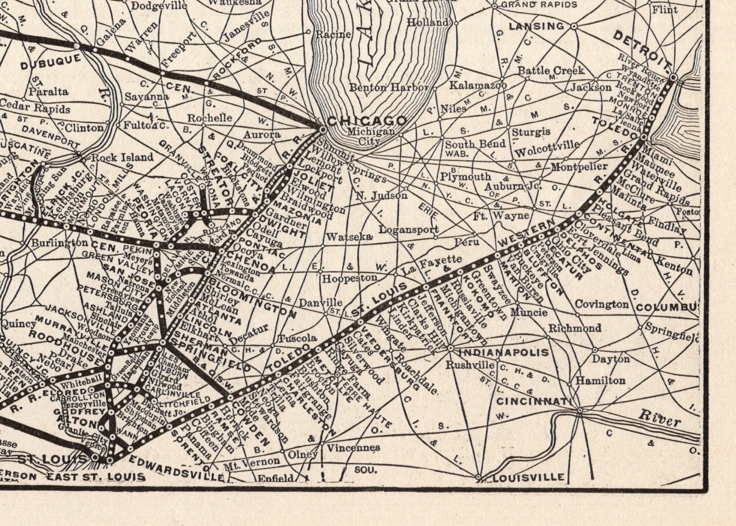 1914 Antique CHICAGO and ALTON RAILROAD Map Vintage Railway Map 2450