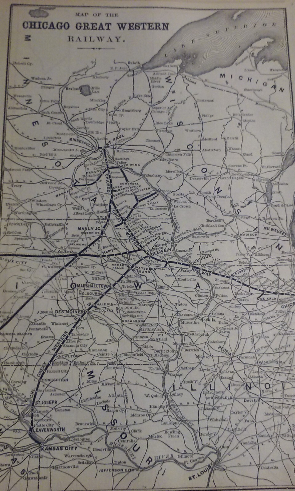Rare 1903 Railroad Map of The CHICAGO GREAT WESTERN Railway System & Routes
