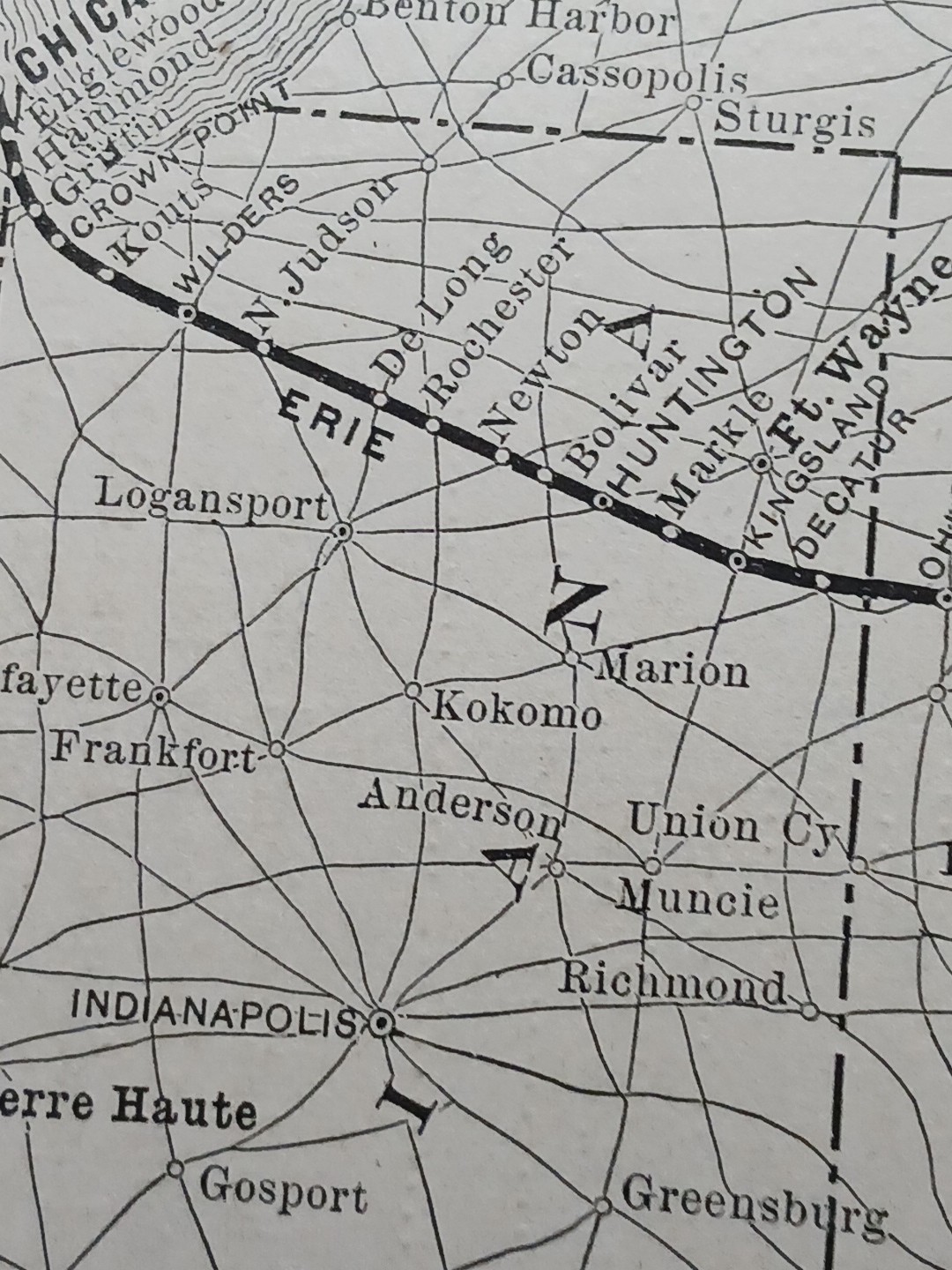 ~1896 Antique Train Route Map ERIE RAILROAD Ohio Pennsylvania New York Indiana