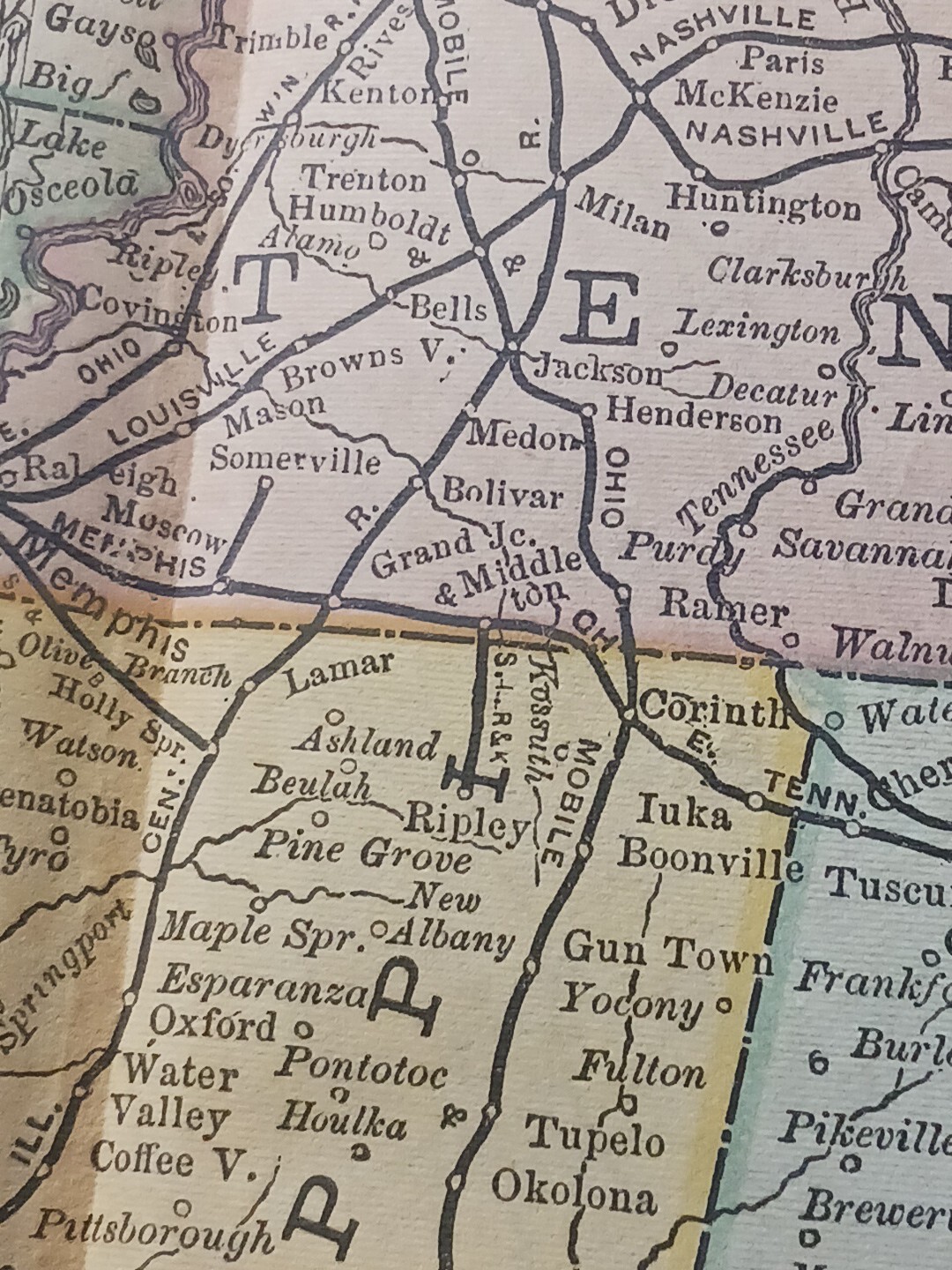 1886 Train Route Map Alabama Louisiana Mississippi TN AR Railroad Lines 9″x 11″