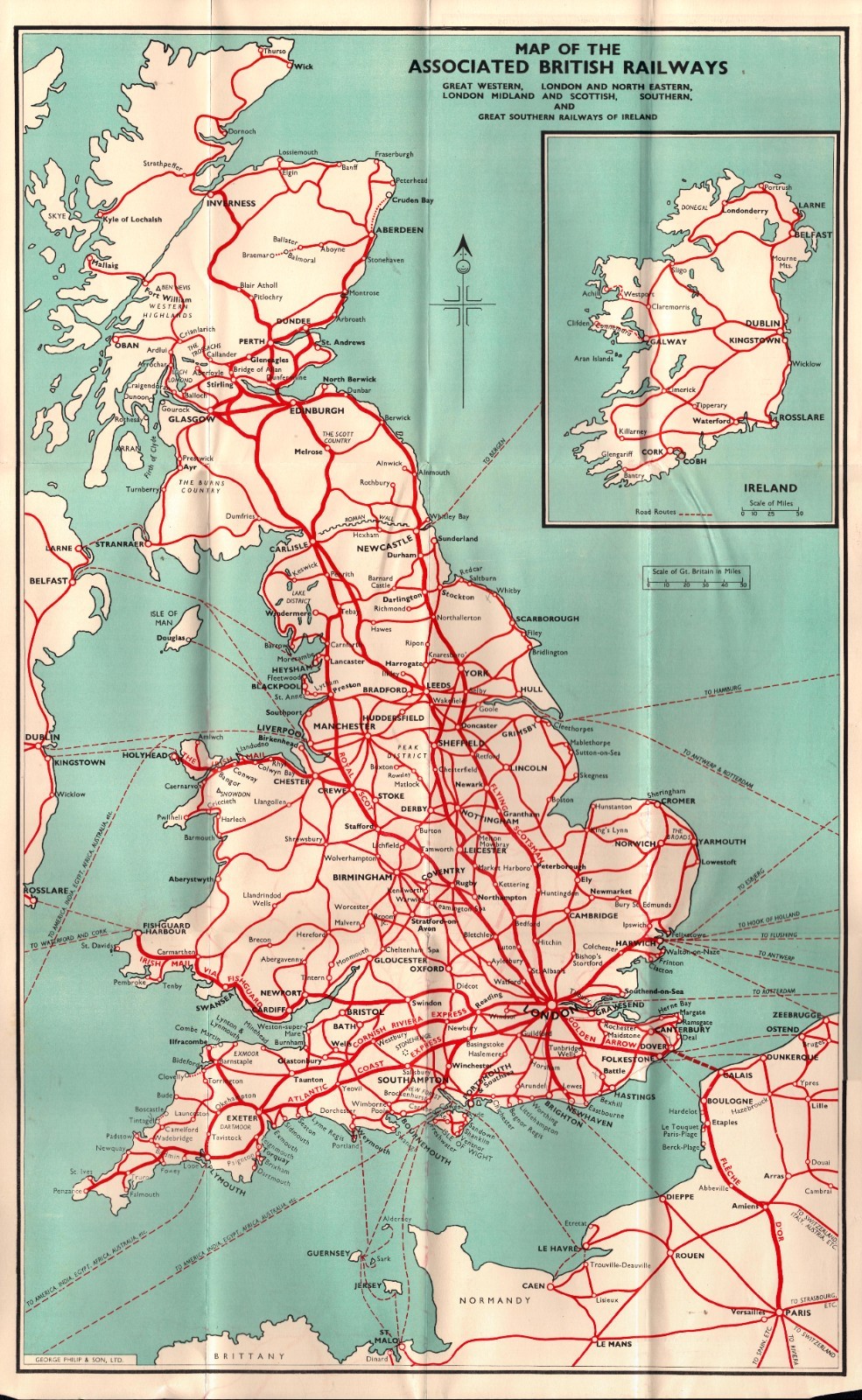 Vintage Railway Map Great Britain Ireland Associated British Railways