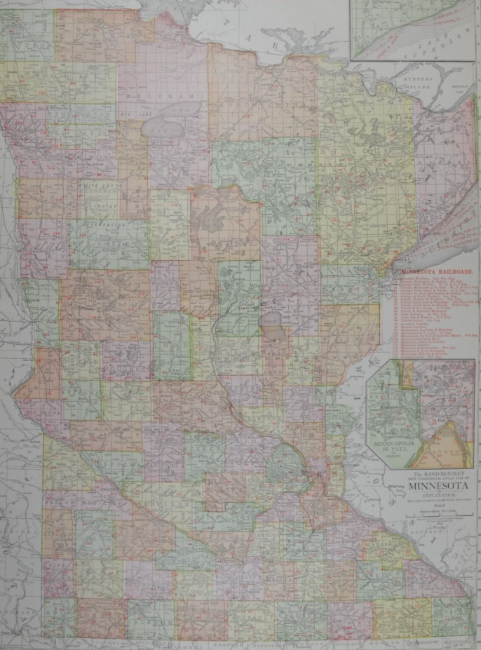 MINNESOTA – 1912 – RAND-McNALLY NEW COMMERCIAL ATLAS – SHOWS RAILROADS