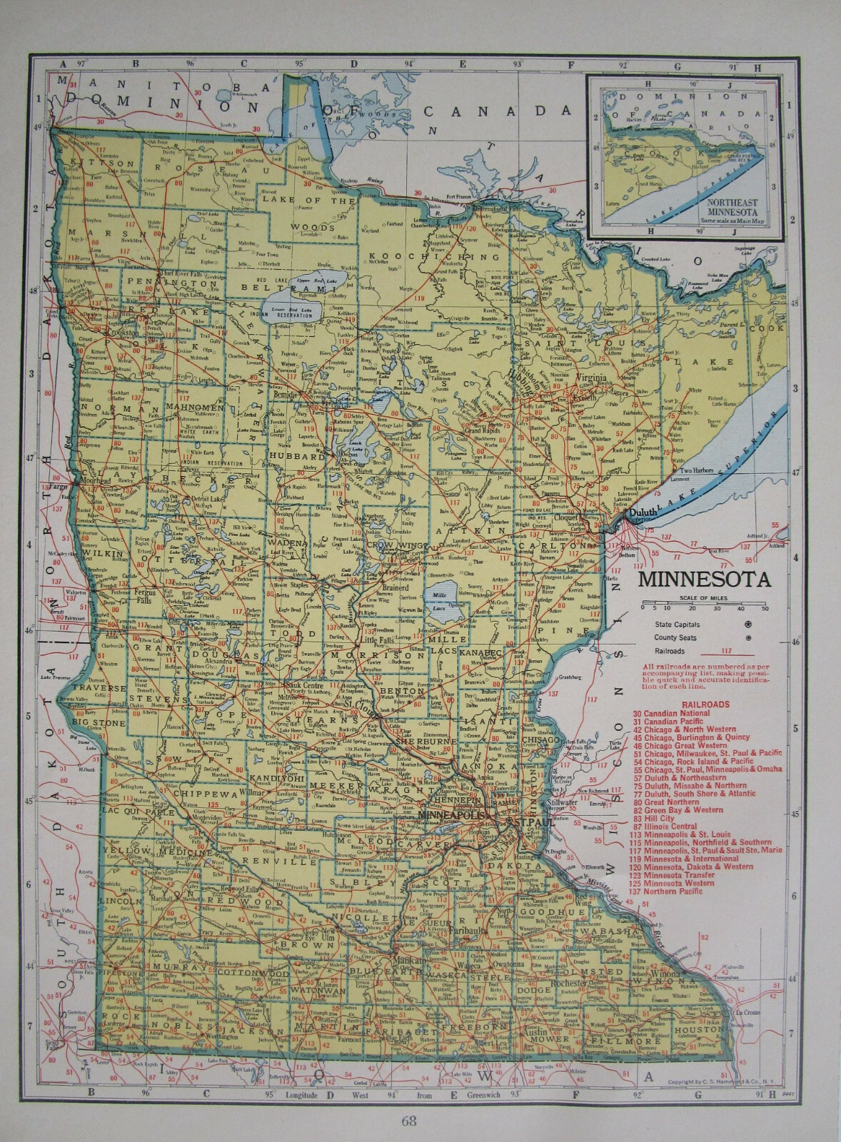 MI MN WWII 1942 MICHIGAN RAILROAD Map BOYNE CITY RR ~or~ MINNESOTA; HILL CITY RR