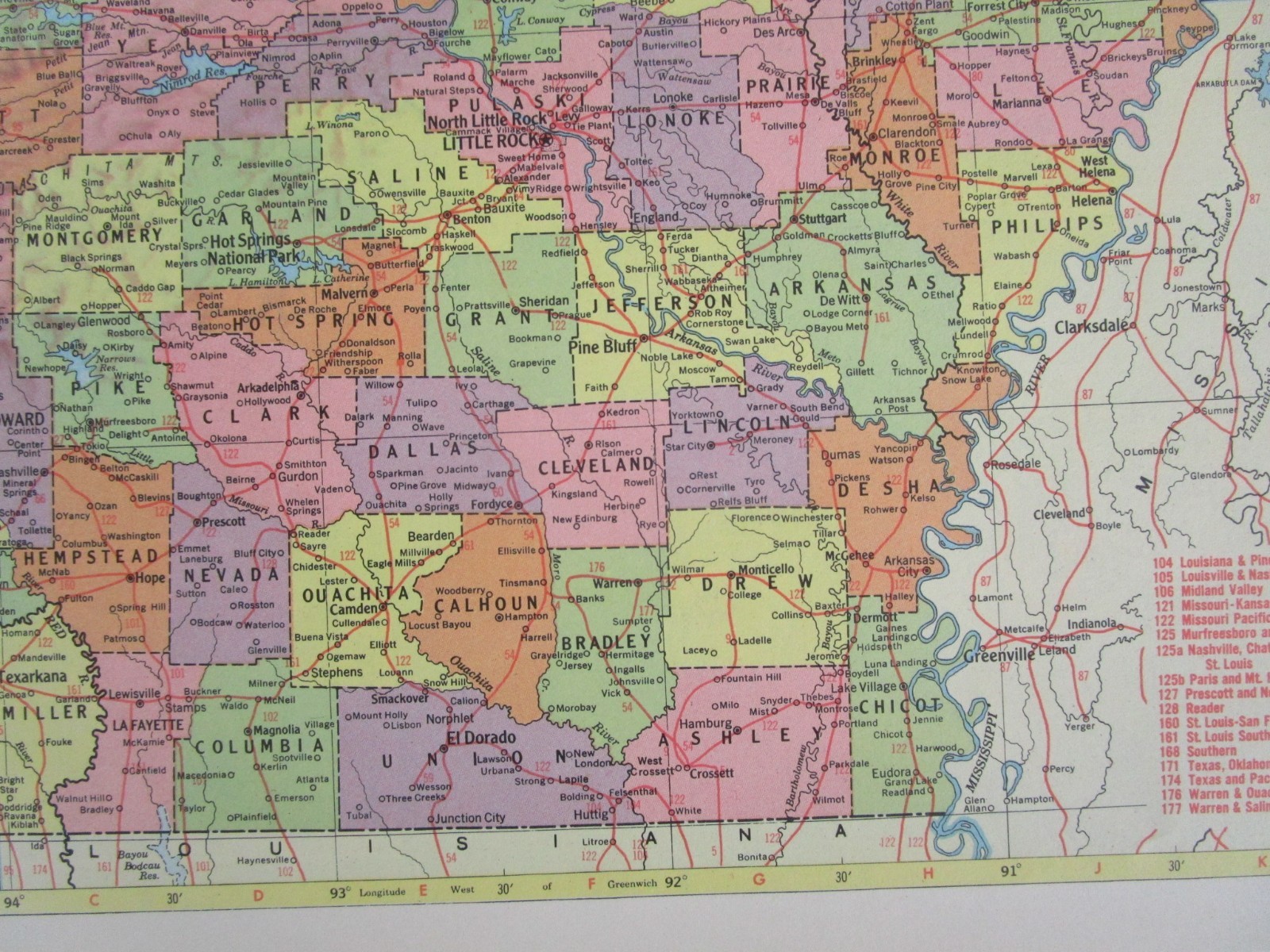 CA AR Vintage 1957 CALIFORNIA RAILROAD MAP. ARKANSAS 1950s ASHLEY DREW NRTH’N RR