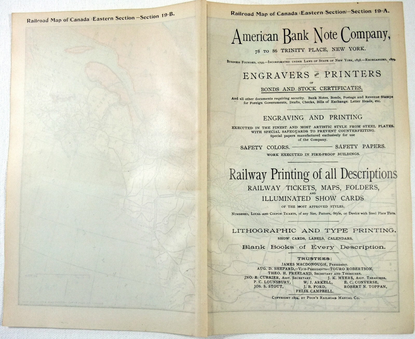 Original 1895 Railroad Map of Eastern Canada. Antique