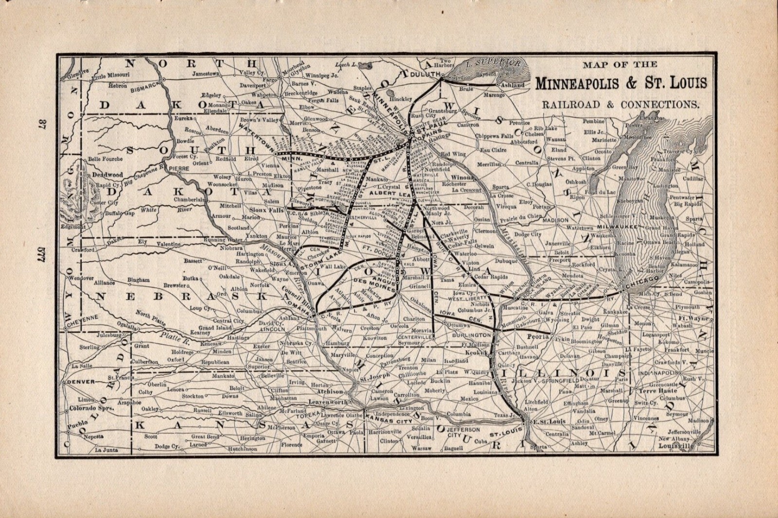 1901 Minneapolis & St. Louis Vintage Railroad Map 1380