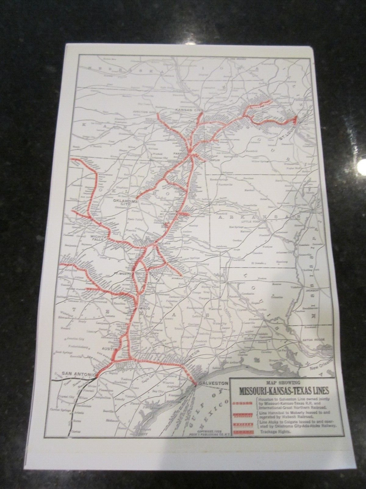 1928 MAP OF MISSOURI KANSAS TEXAS LINES RAILROAD – 17″ X 11″ – HEAVY STOCK PAPER