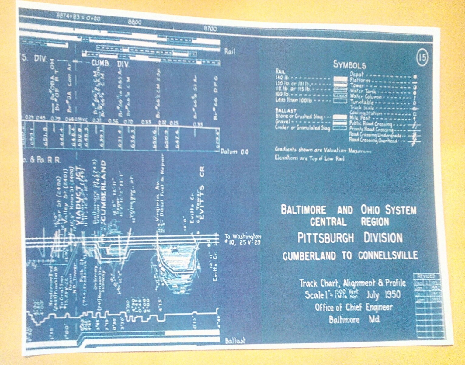 1950 B & O Railroad Pittsburgh Division Track Chart Cumberland, Viaduct Jct. NEW