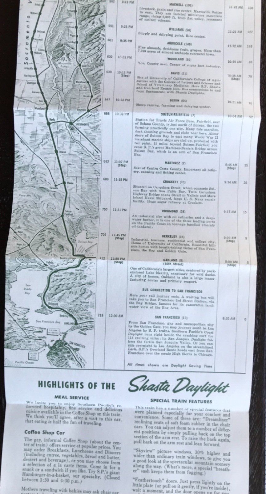 1962 Map Shasta Daylight Trip Southern Pacific RailRoad Portland – SF California