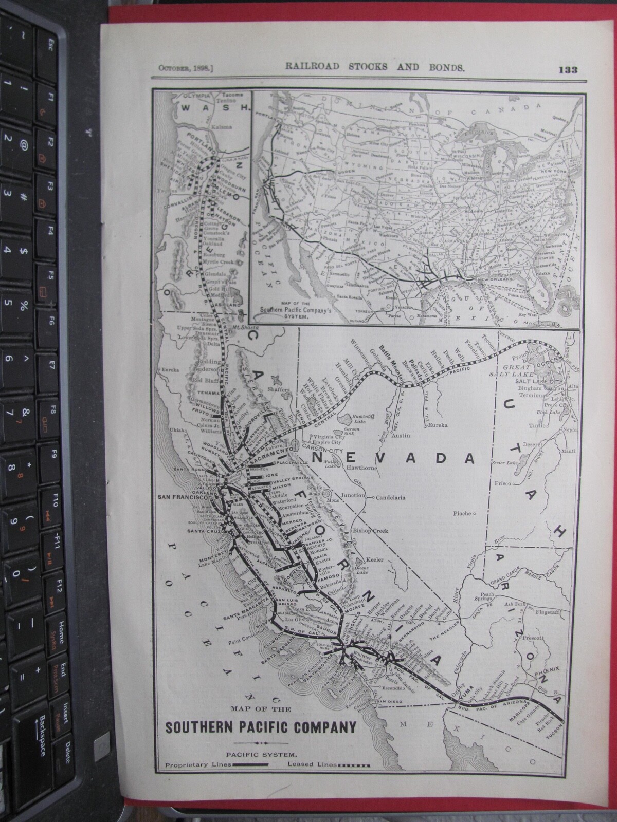 ORIGINAL 1898 SOUTHERN PACIFIC RAILROAD SYSTEM MAP in CALIFORNIA OREGON HISTORY