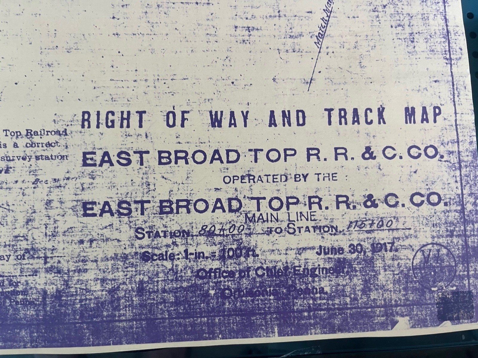 EBT East Broad Top Railroad Mt Union Yard Track Sheet 24″ x 56″ Dated 1917