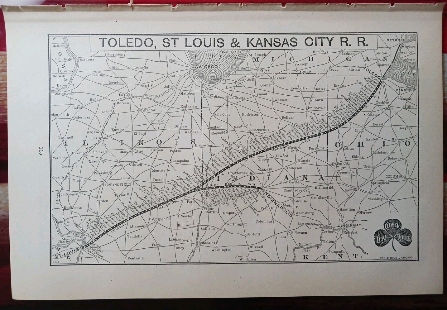 1897 Train Route Map TOLEDO ST LOUIS & KANSAS CITY RAILROAD Clover Leaf Rt OH IL