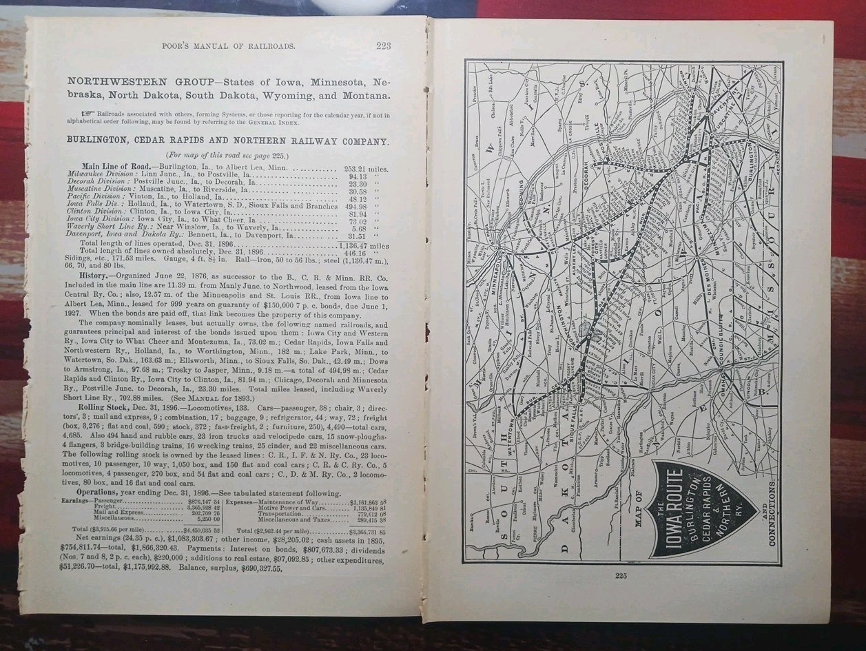 1897 Train Route Map + Report BURLINGTON CEDAR RAPIDS & NORTHERN RAILWAY Iowa RR