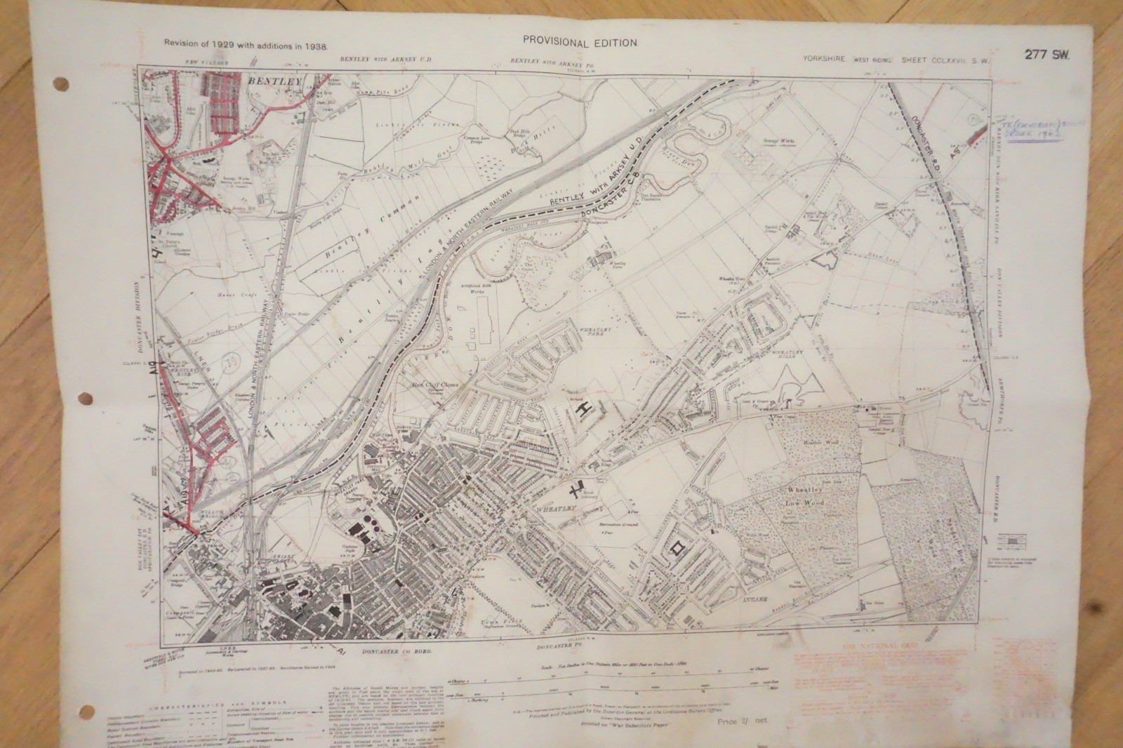 1938 Bentley Wheatley Yorkshire LNER Railway OS Linen Map Ref 44 *