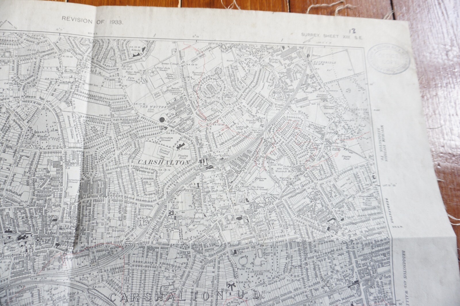 1933 Carshalton Wallington Sutton Surrey Southern Railway OS Railway Linen Map