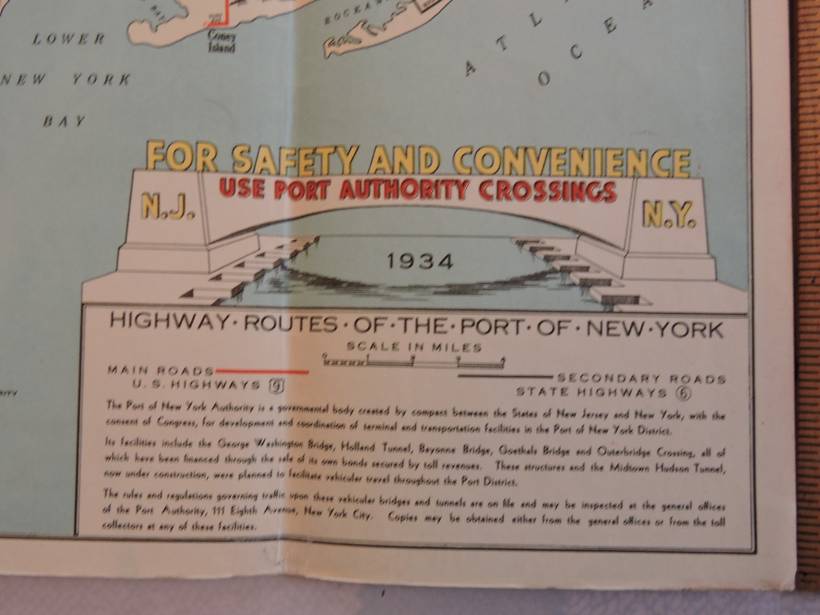Rare 1934 12×18 New York City Map Port Authority Bridge Tunnel Roads Brochure