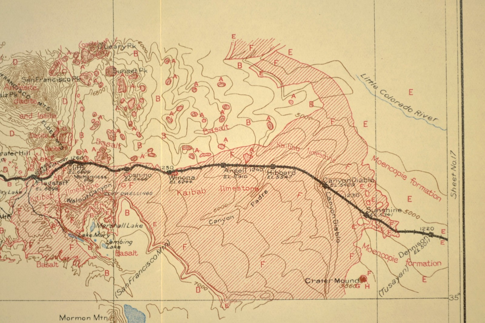 1915 Antique Santa Fe Railroad Map Line Flagstaff Arizona Cliffs AZ Geological