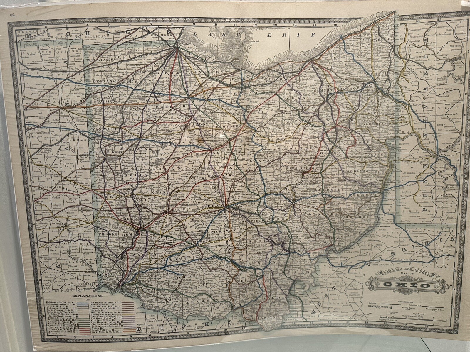 Antique, Original Railroad Map of Ohio A.A. Grant, 1887