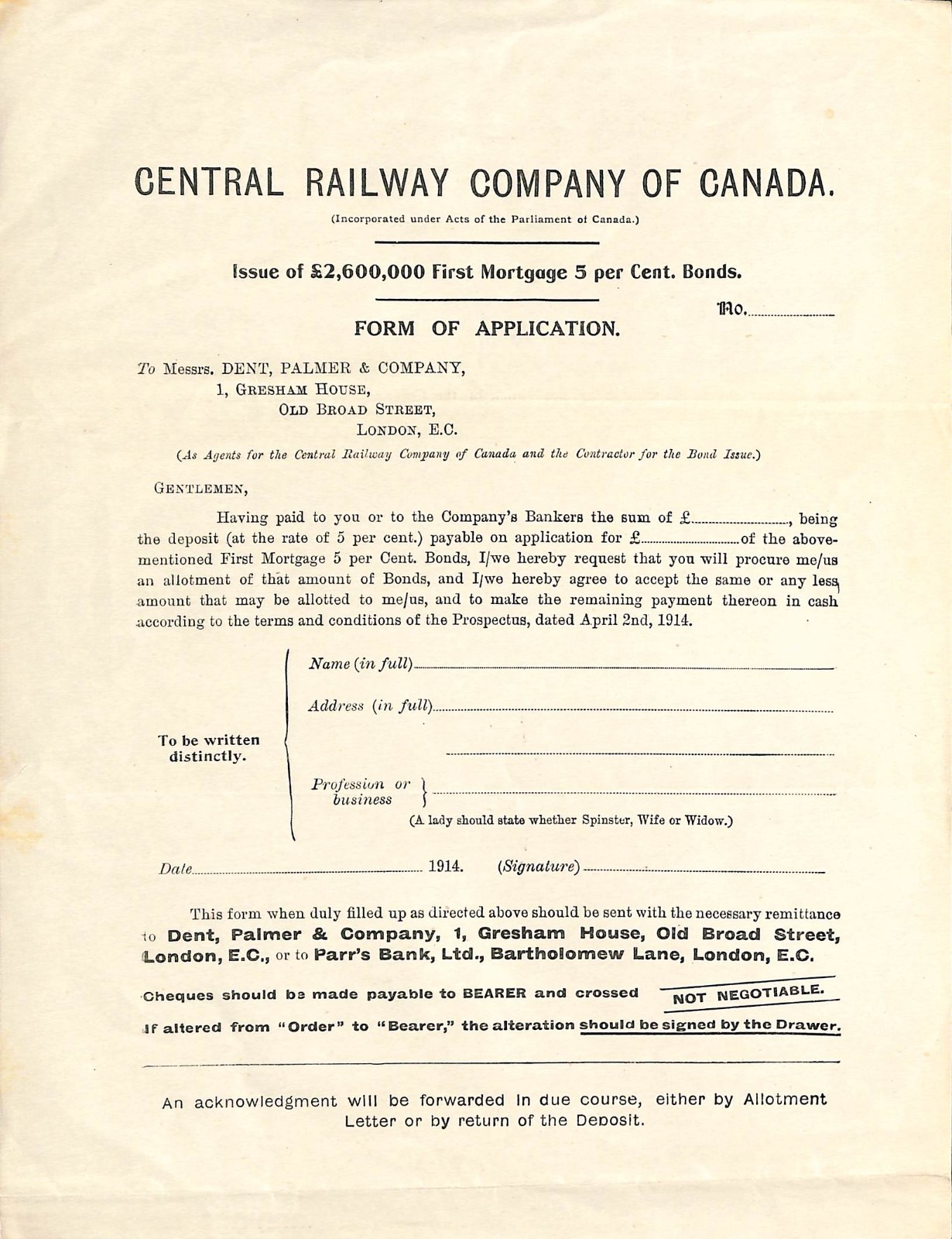 Central Railway Company of Canada – Prospectus & Colour Map – 1914 – RARE