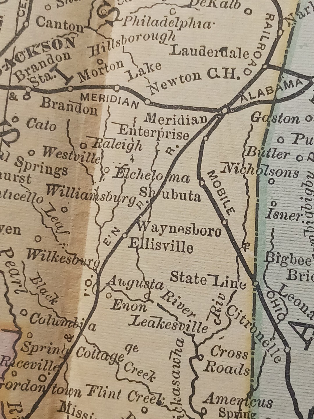 1886 Train Route Map Alabama Louisiana Mississippi TN AR Railroad Lines 9″x 11″