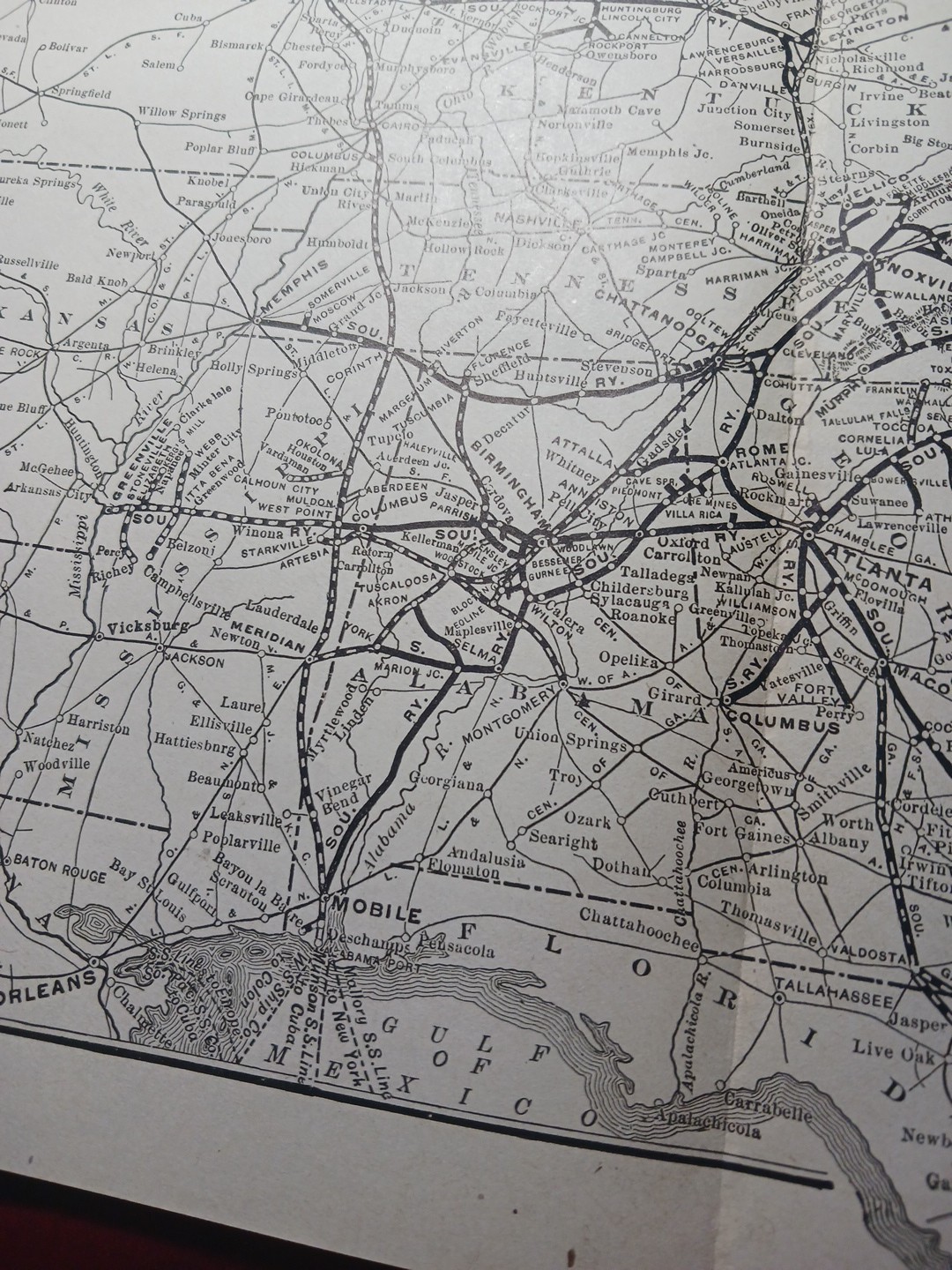 ~1910 railroad Map SOUTHERN RAILWAY and Connections ALL Train routes 9×11″