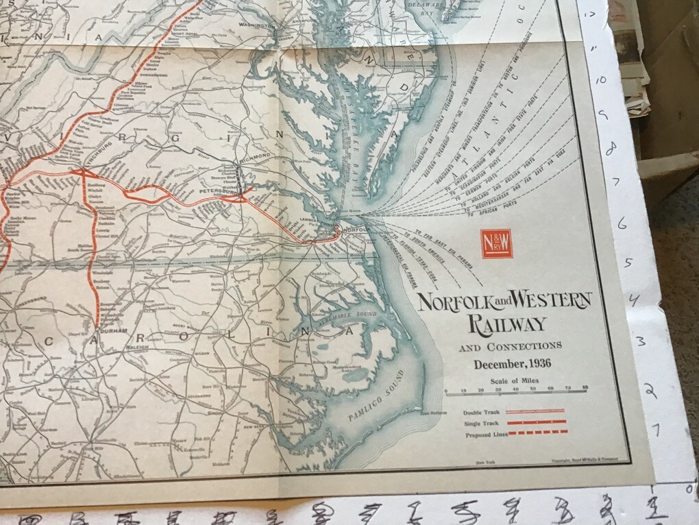 vintage railroad map: 22×32″ NORFOLK & WESTERN Railway 1936