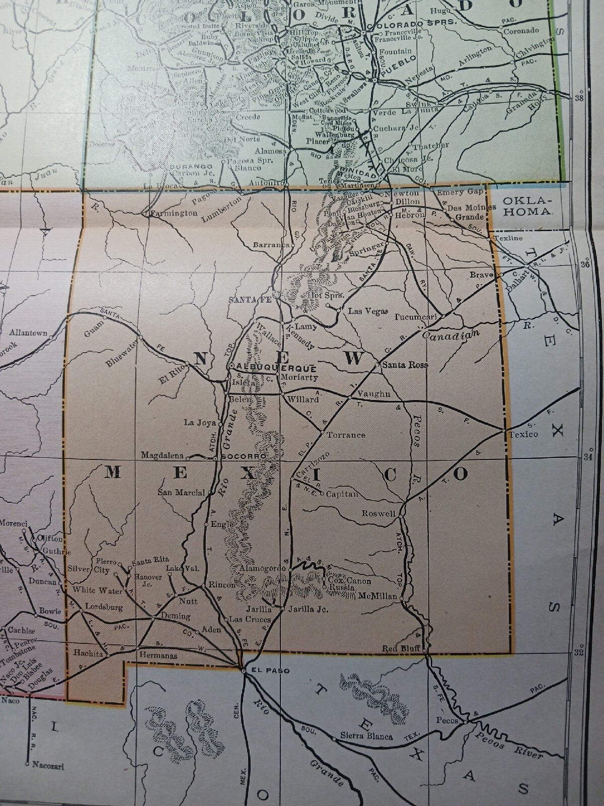Antique 1909 Railroad Route Map Colorado Utah Arizona all train Lines~ 9 X 11″