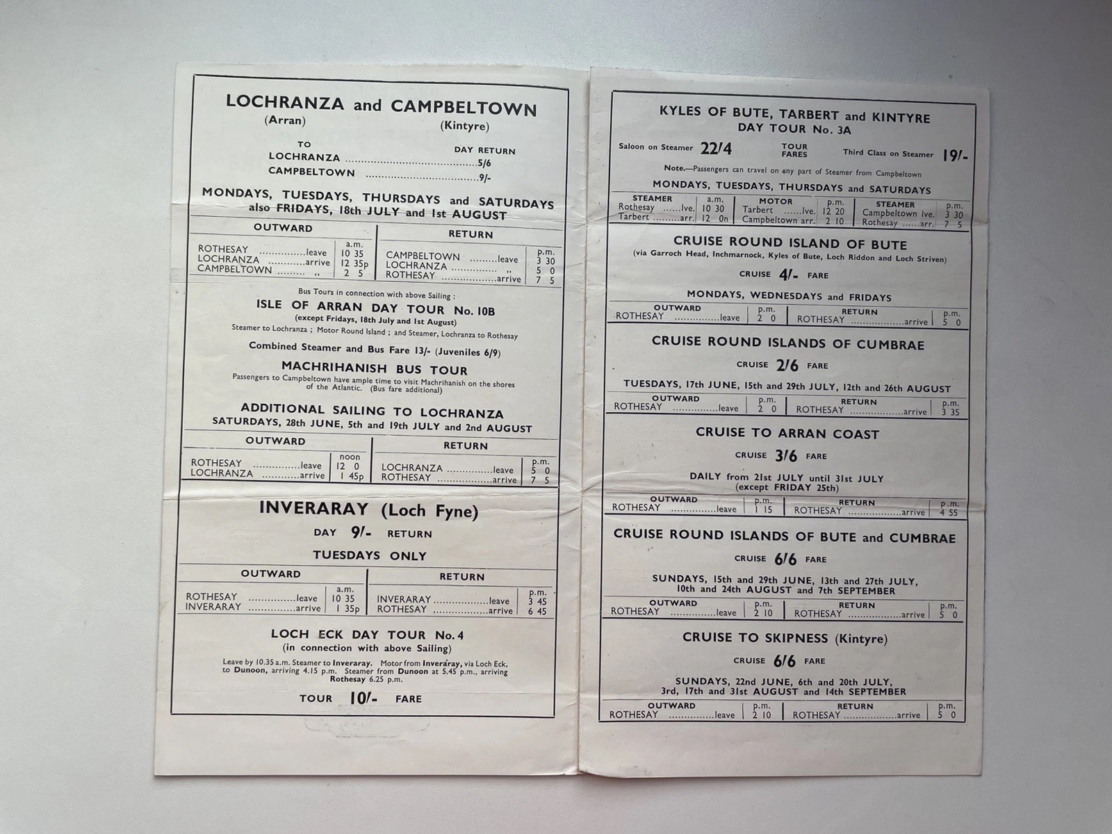 1950s programme / timetable for sailings and tour in Rothesay – British Railways