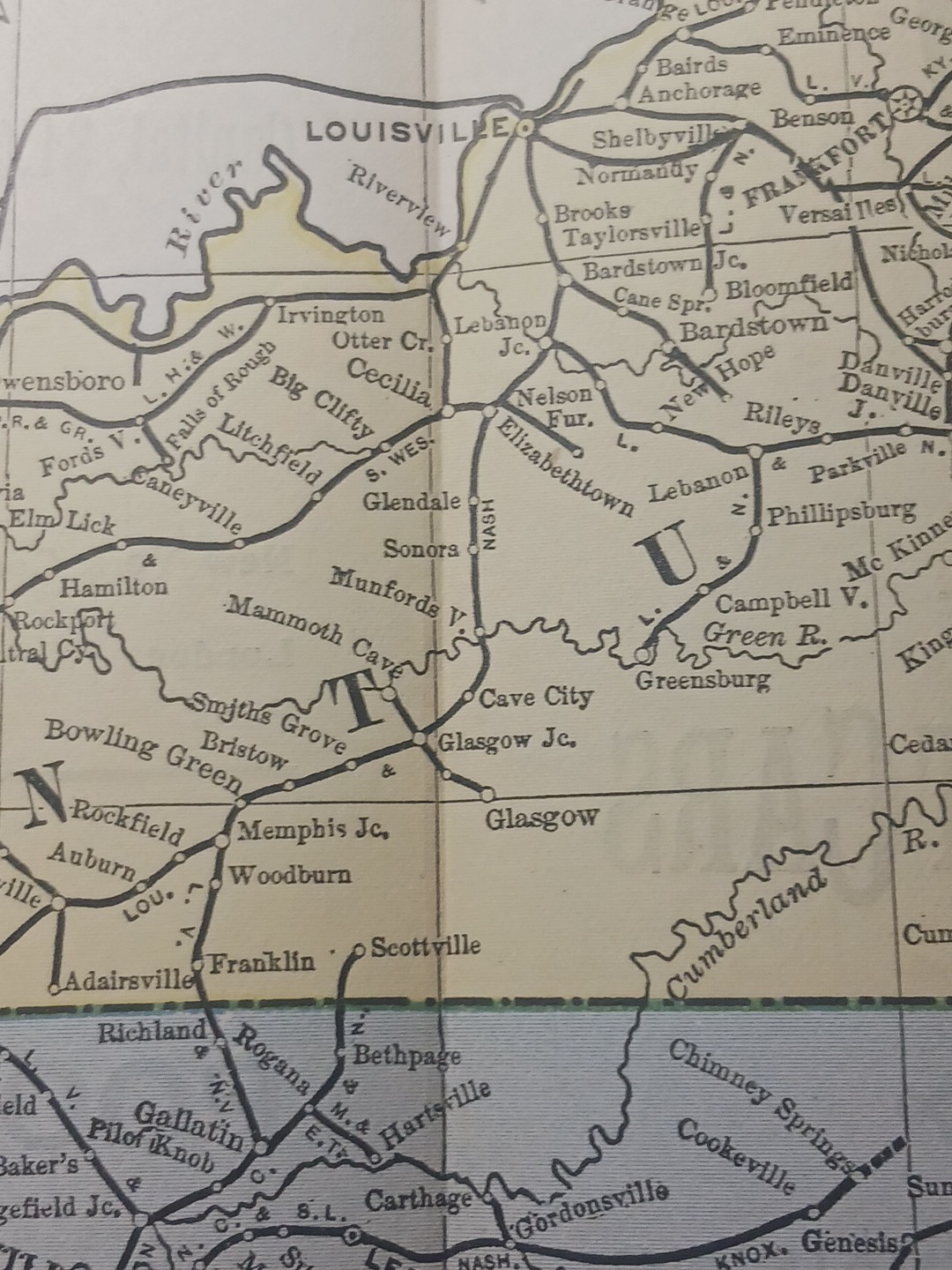 1892 Antique RAILROAD MAP Kentucky & Tennessee all Train Route Lines Mark 9×11″