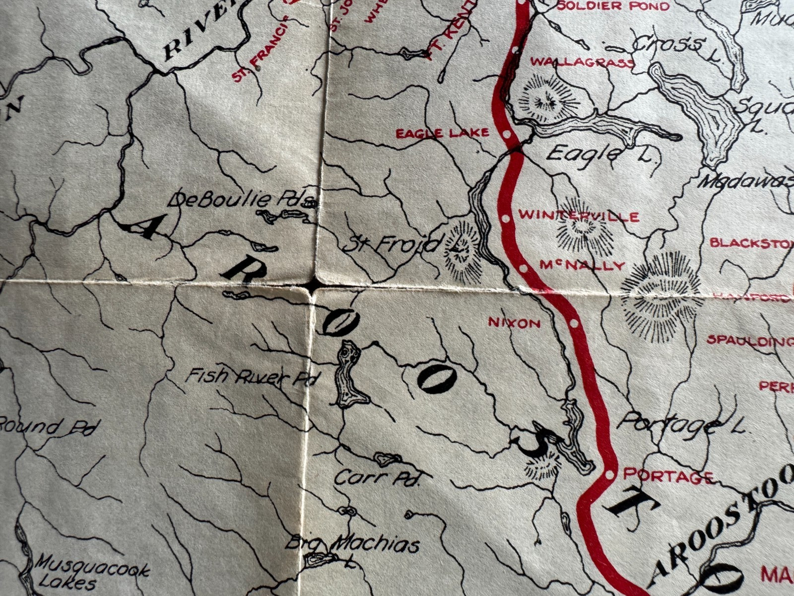 Vintage ca 1930s 17×27 Bangor and Aroostock RR Railroad Route Map Northern Maine