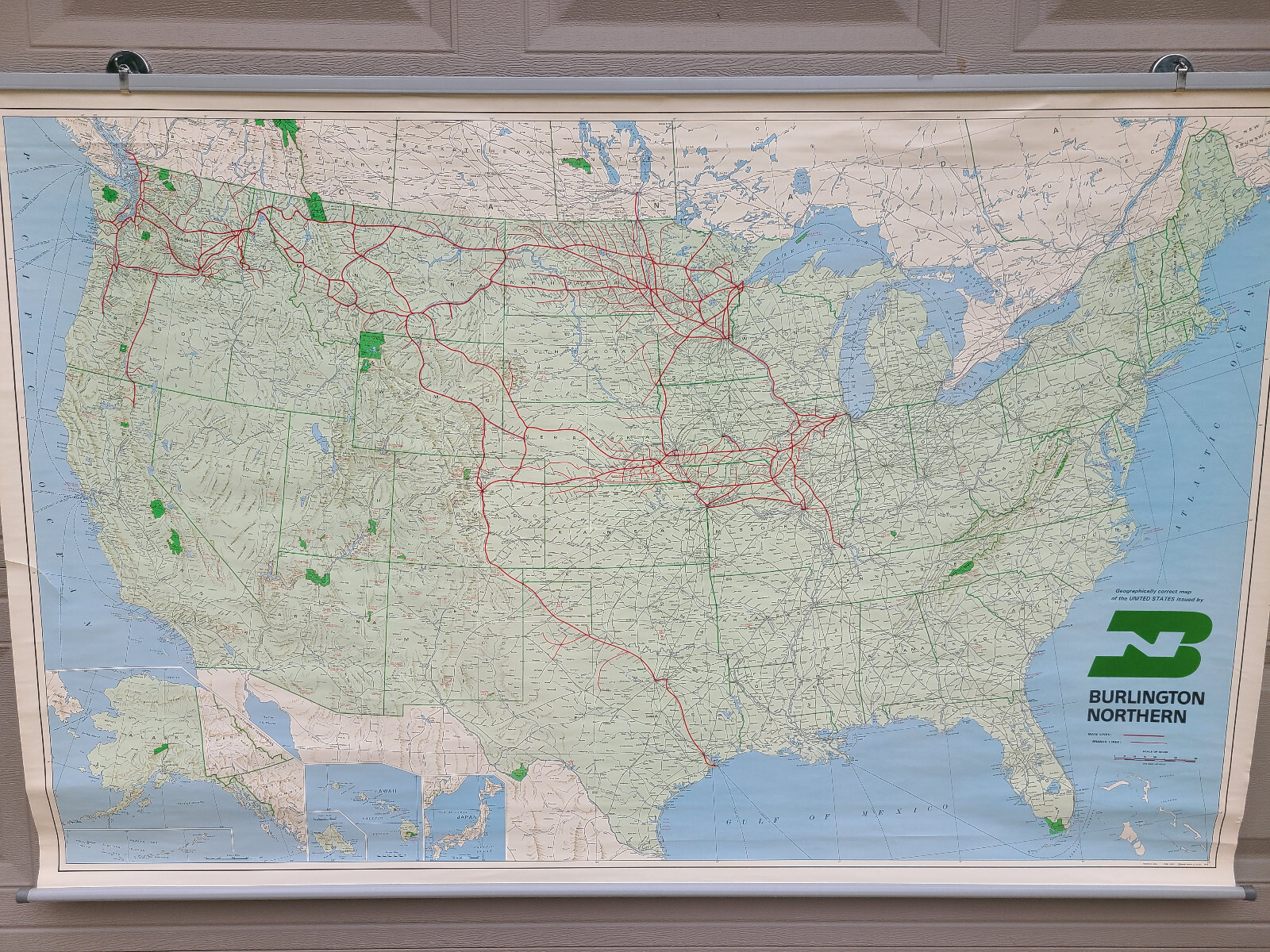 5 foot 1971 Burlington Northern Pacific Railroad Map System. Very nice!