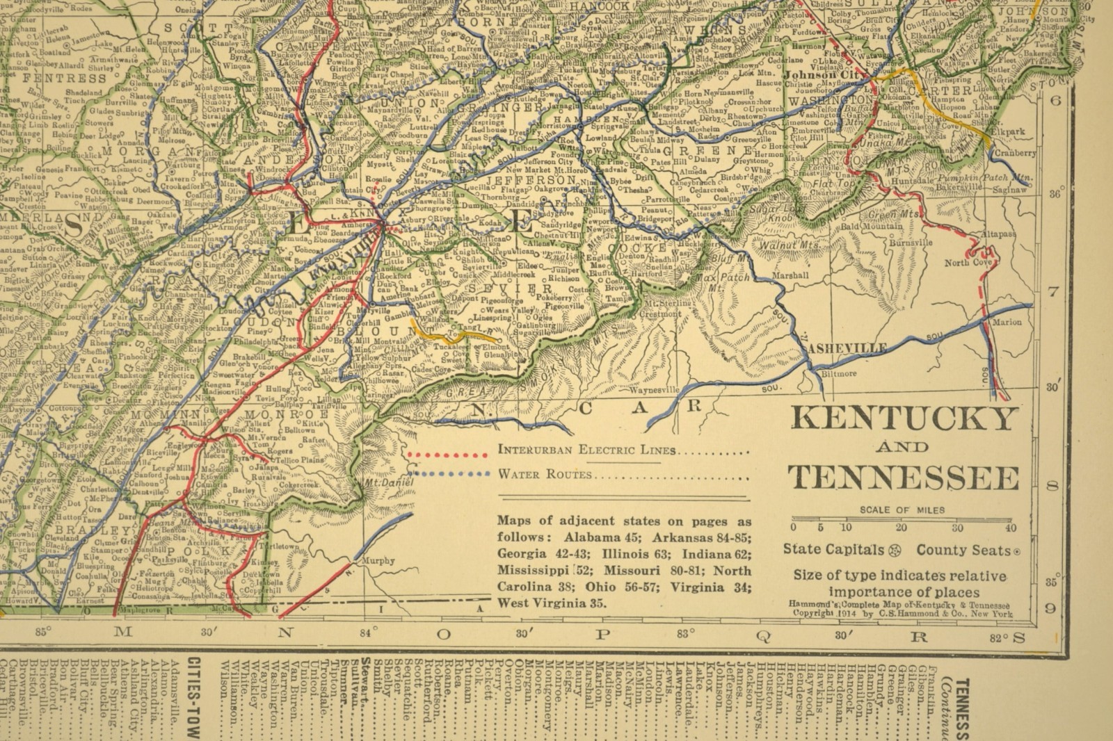 1914 Antique Map of KENTUCKY Railroads Map TENNESSEE ORIGINAL Atlas Map DATED