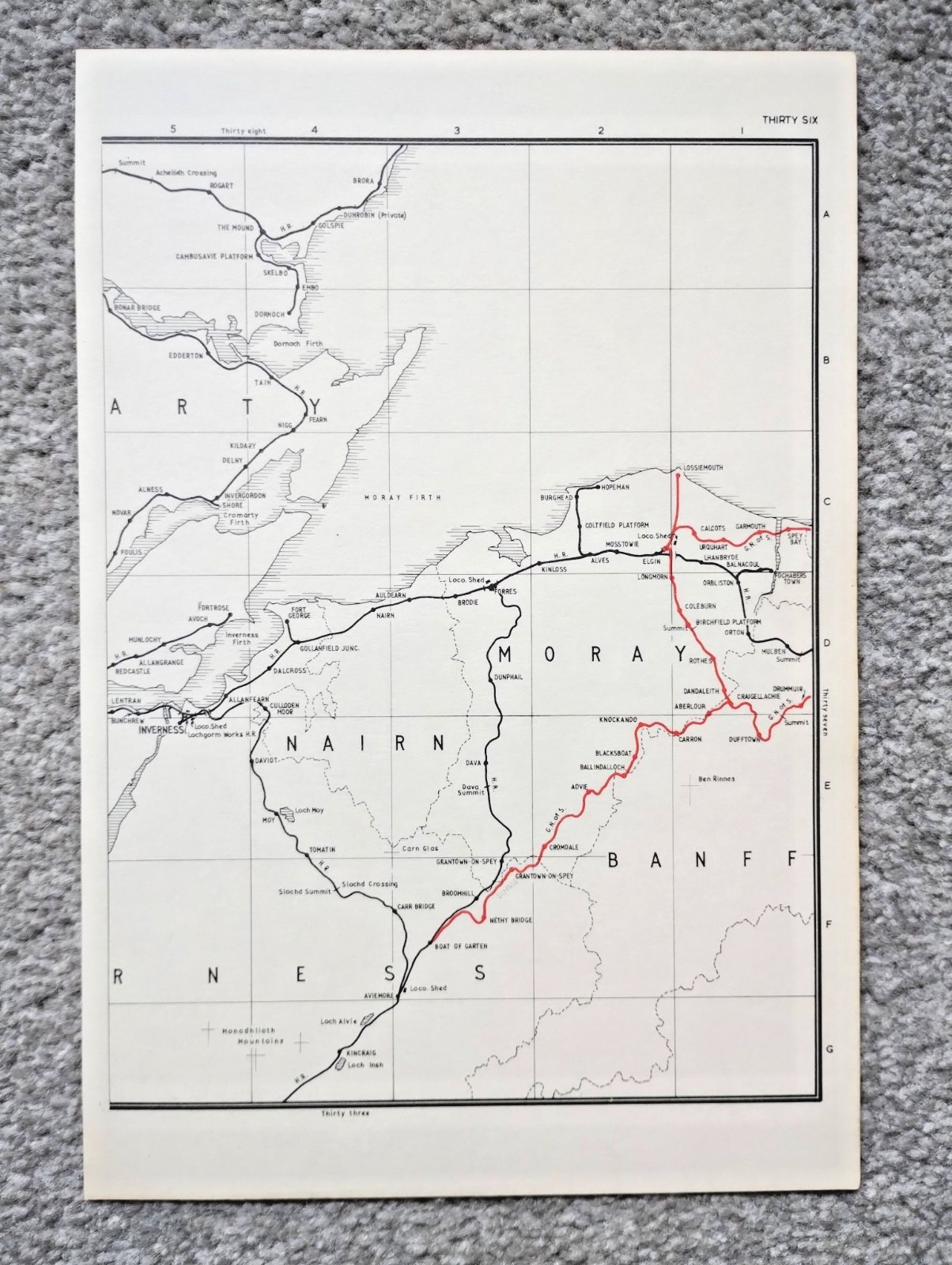 Vintage 1976 map showing Pre Grouping Rail Lines of Nairn and Moray