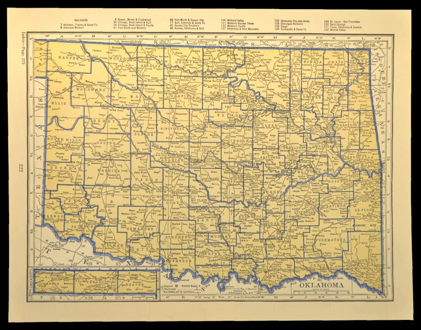 ca1938 OKLAHOMA Railroad Map Depot Towns AT&SF RR Historic Original Atlas Map