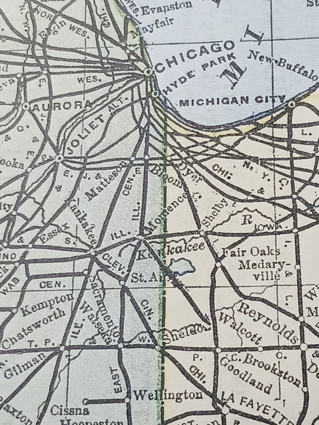 1897 Train Route Map ILLINOIS & INDIANA all Railroad Lines Station Marked 9″x11″