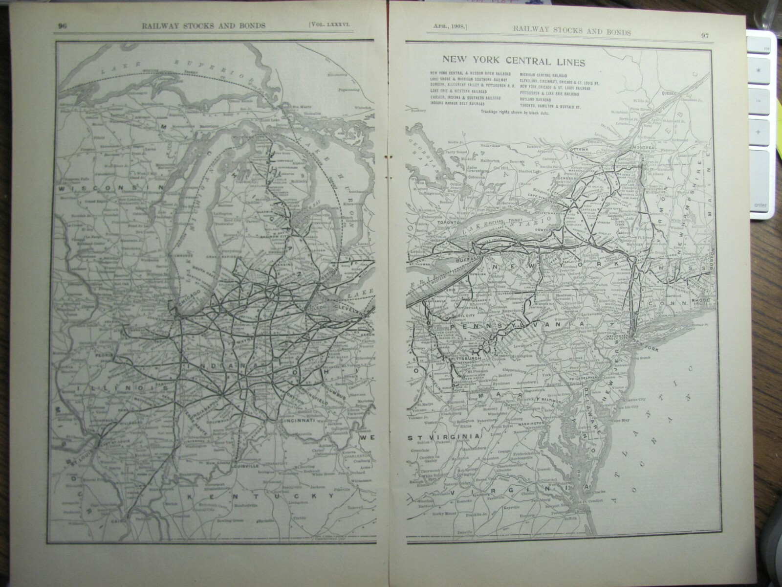ORIG 1908 NEW YORK CENTRAL RAILROAD SYSTEM MAP RR ROUTE in PN OH IN IL VT MA CT