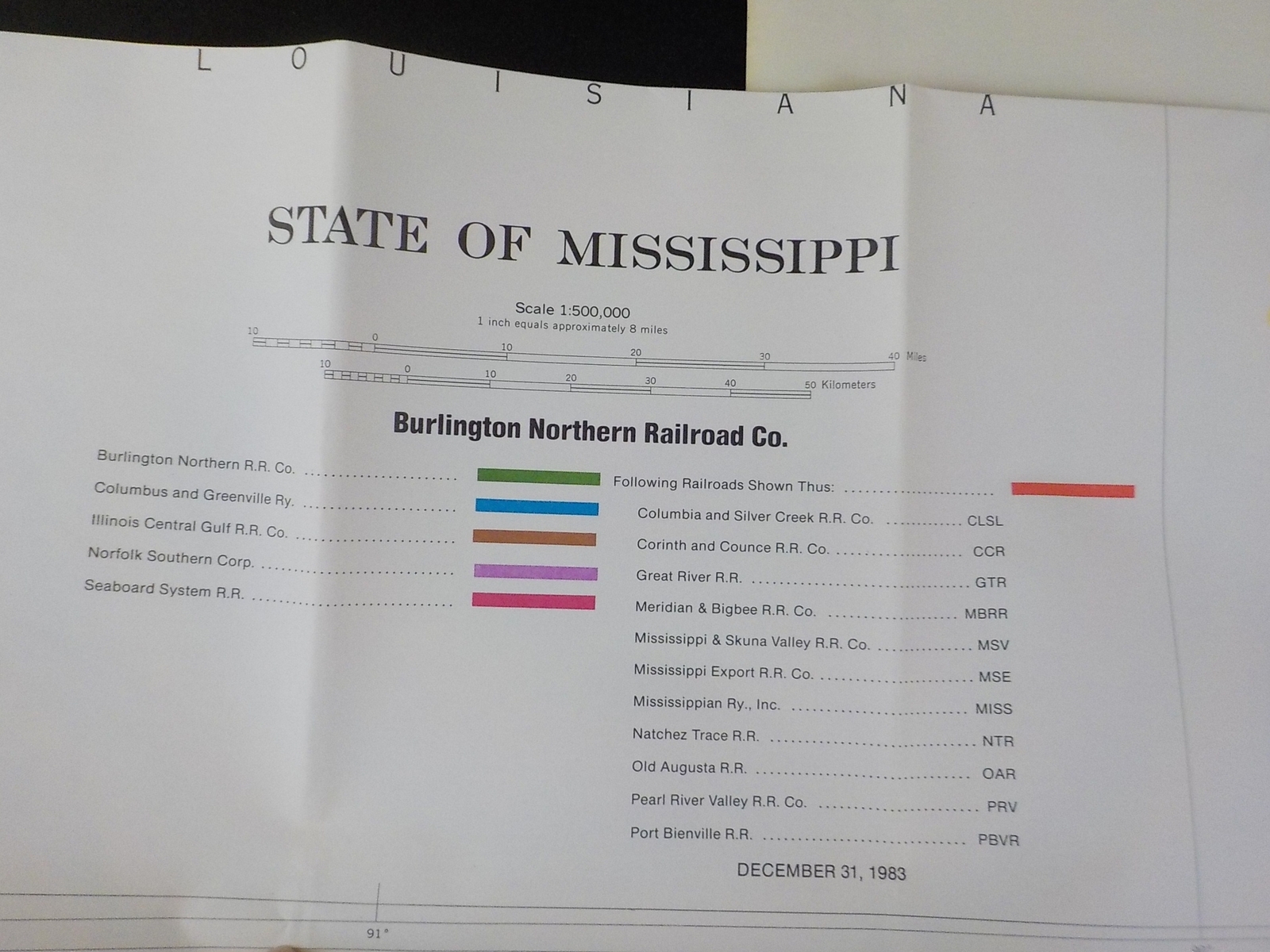 Map Burlington Northern Mississippi State Railroad Map 1983 August