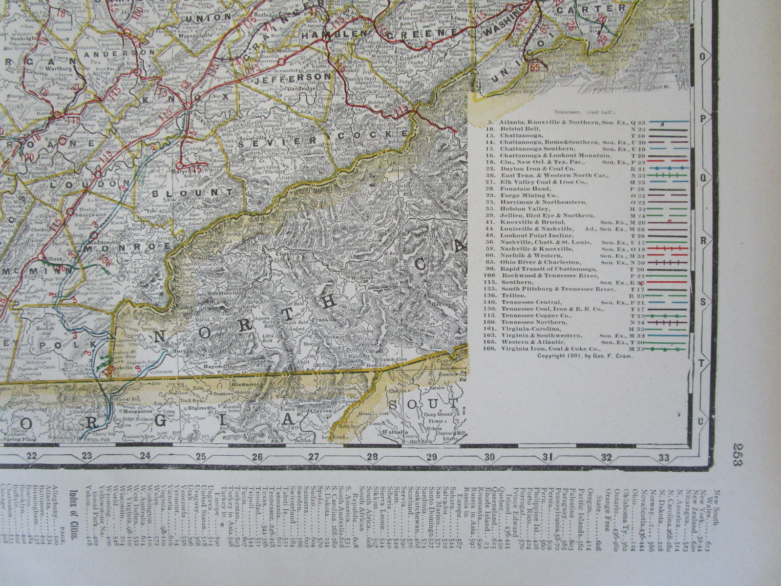 KY TN 1901 EASTERN KENTUCKY & TENNESSEE Cram RAILROAD Map CHATTANOOGA LOOKOUT MT