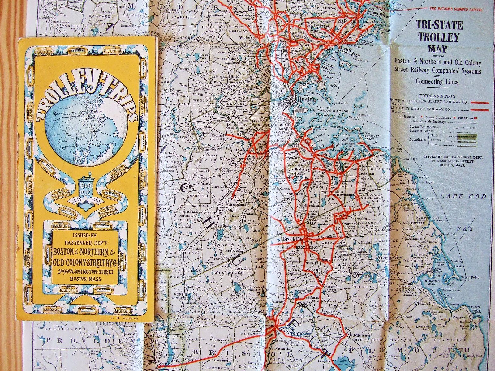 Original 1910 Boston & Northern Tri-State Trolley Map with 24 pg “Trolley Trips”