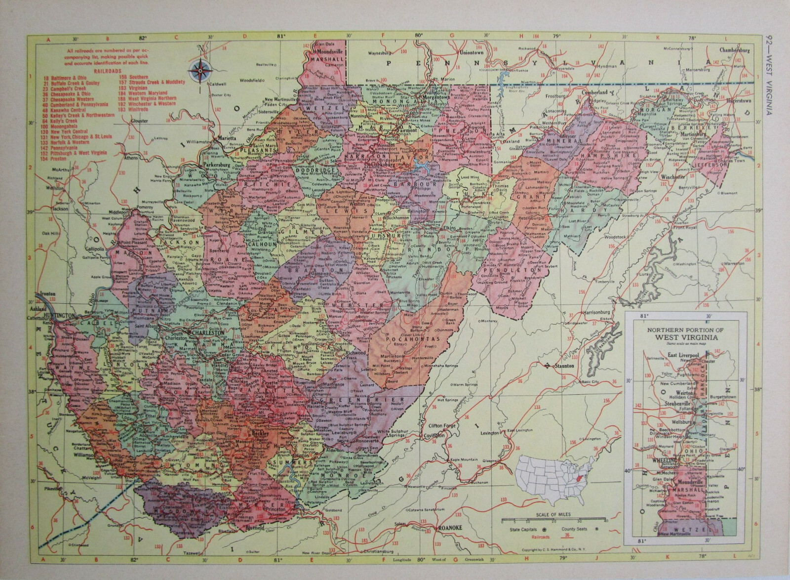 WA WV 1955 WASHINGTON State RAILROAD Map WALLA WALLA VALLEY ~or~ WEST VIRGINIA