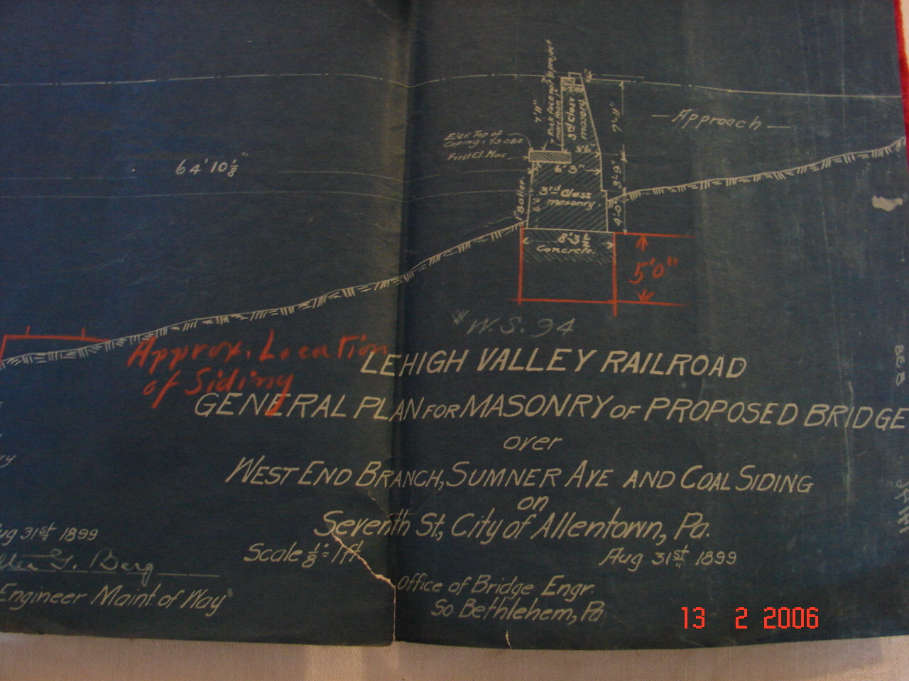 LVRR – Proposed Bridge at Sumner Ave & Coal Siding 7th St., Allentown, Pa 1899