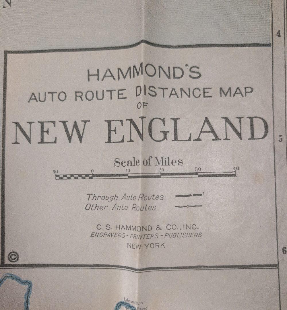 Vintage Hammond’s Auto Route & Distance Map New England Home Insurance Co.