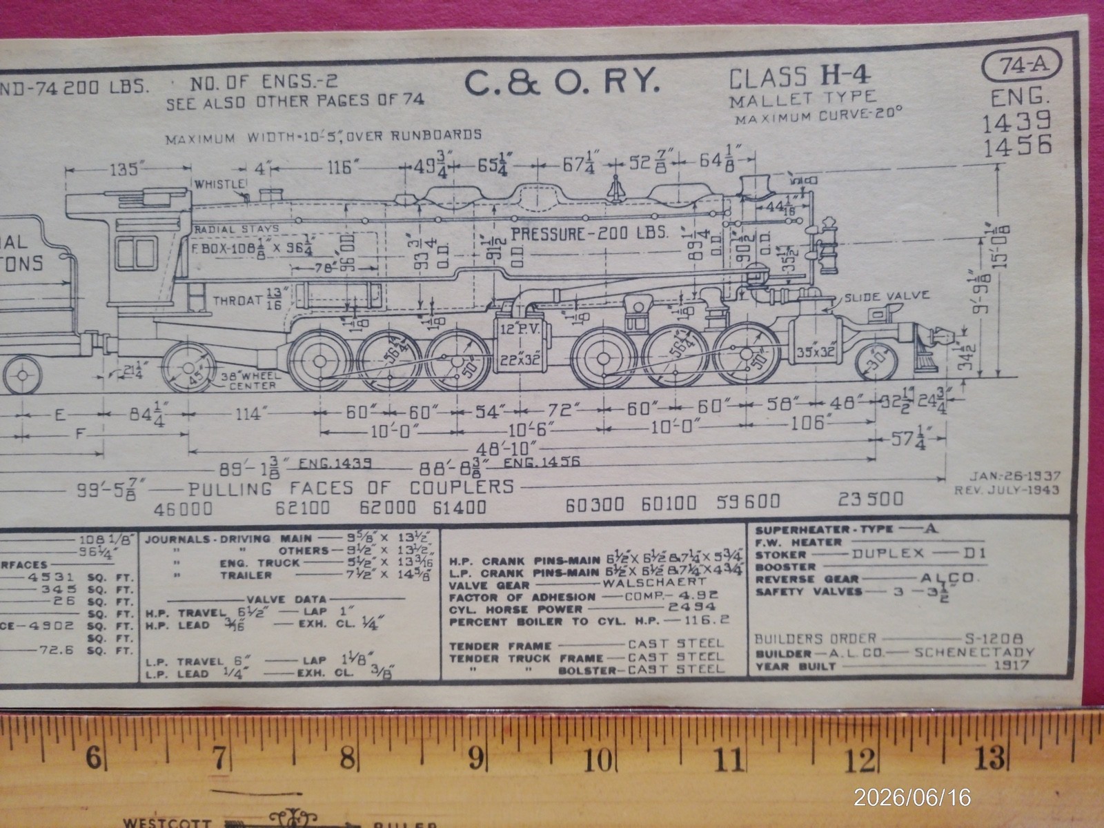 CHESAPEAKE & OHIO RAILROAD ORIG PRINTED DIAGRAM CLASS H-4 LOCOMOTIVE #1439 #1456