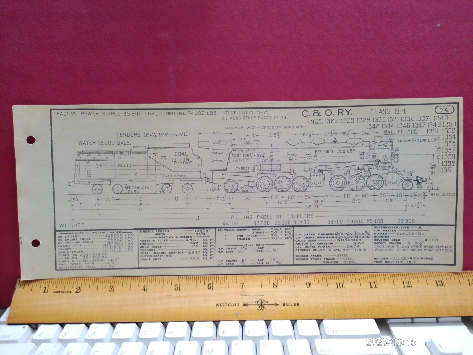 CHESAPEAKE & OHIO RAILROAD ORIG PRINTED DIAGRAM CLASS H-4 LOCOMOTIVE #1326-1361