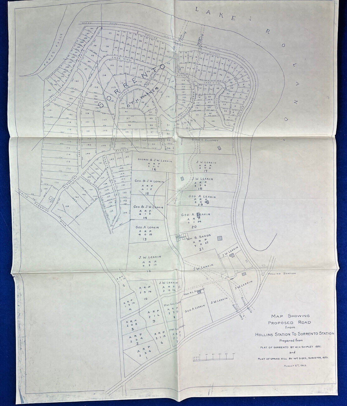 Antique 1903 Susquehanna Railroad Hollins Sorrento Station Map Baltimore MD
