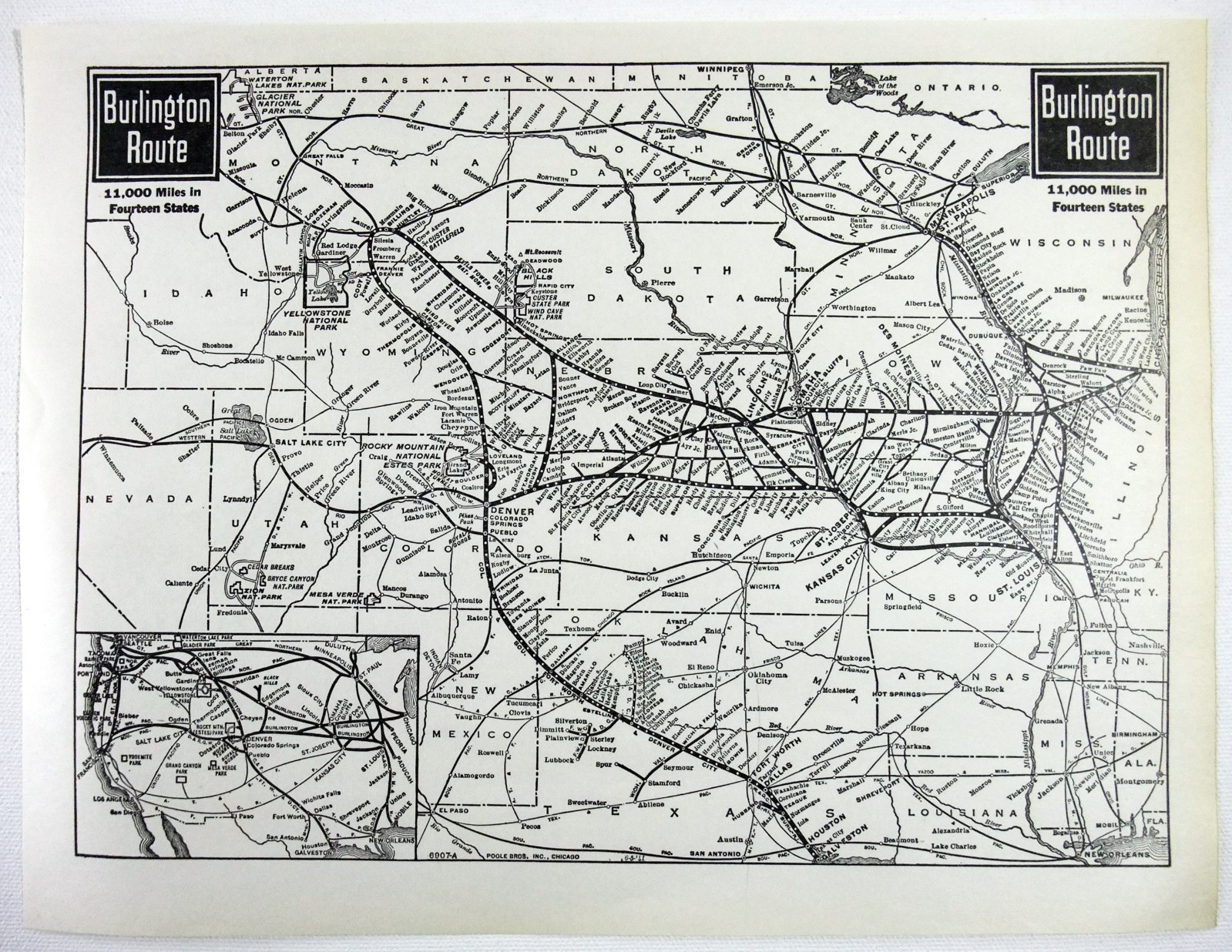 The Burlington Route – Original 1941 Railroad System Map. CBQ Railway Vintage