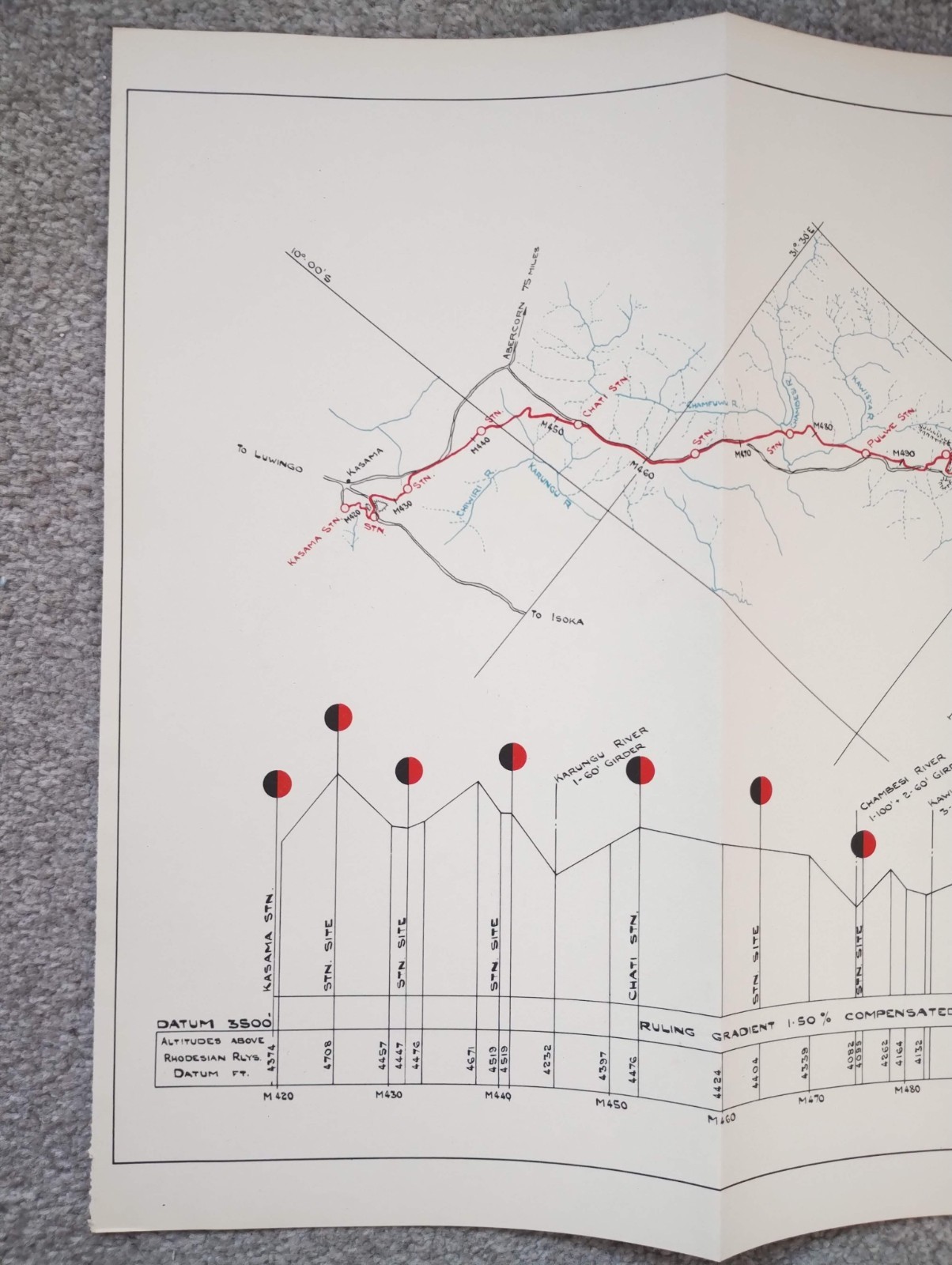 1952 Original East African Railways Map of Route: Kasama to Nteko (Zambia)