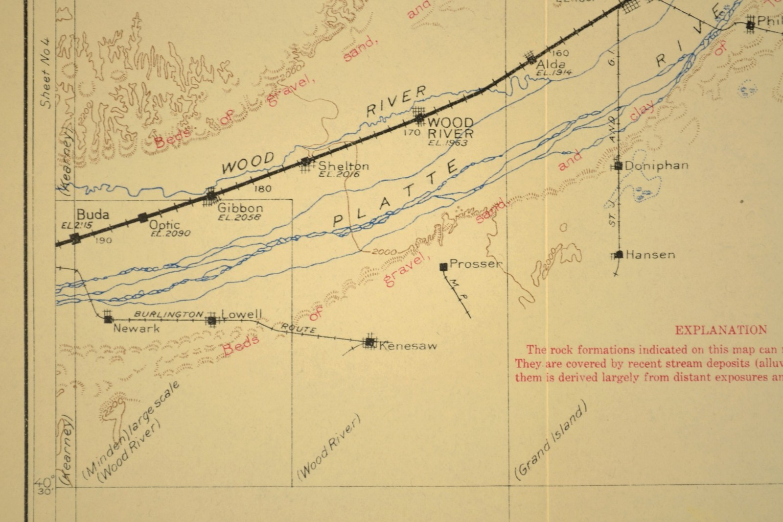 1915 Antique Union Pacific Railroad Map Grand Island NE Aurora Central City